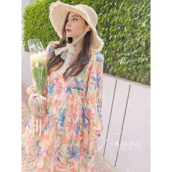 Váy Hoa Nhí Vintage Đầm Dự Tiệc Nữ Vải Voan Dáng Dài thiết kế kiểu Hàn Quốc cao cấp, đi chơi công sở