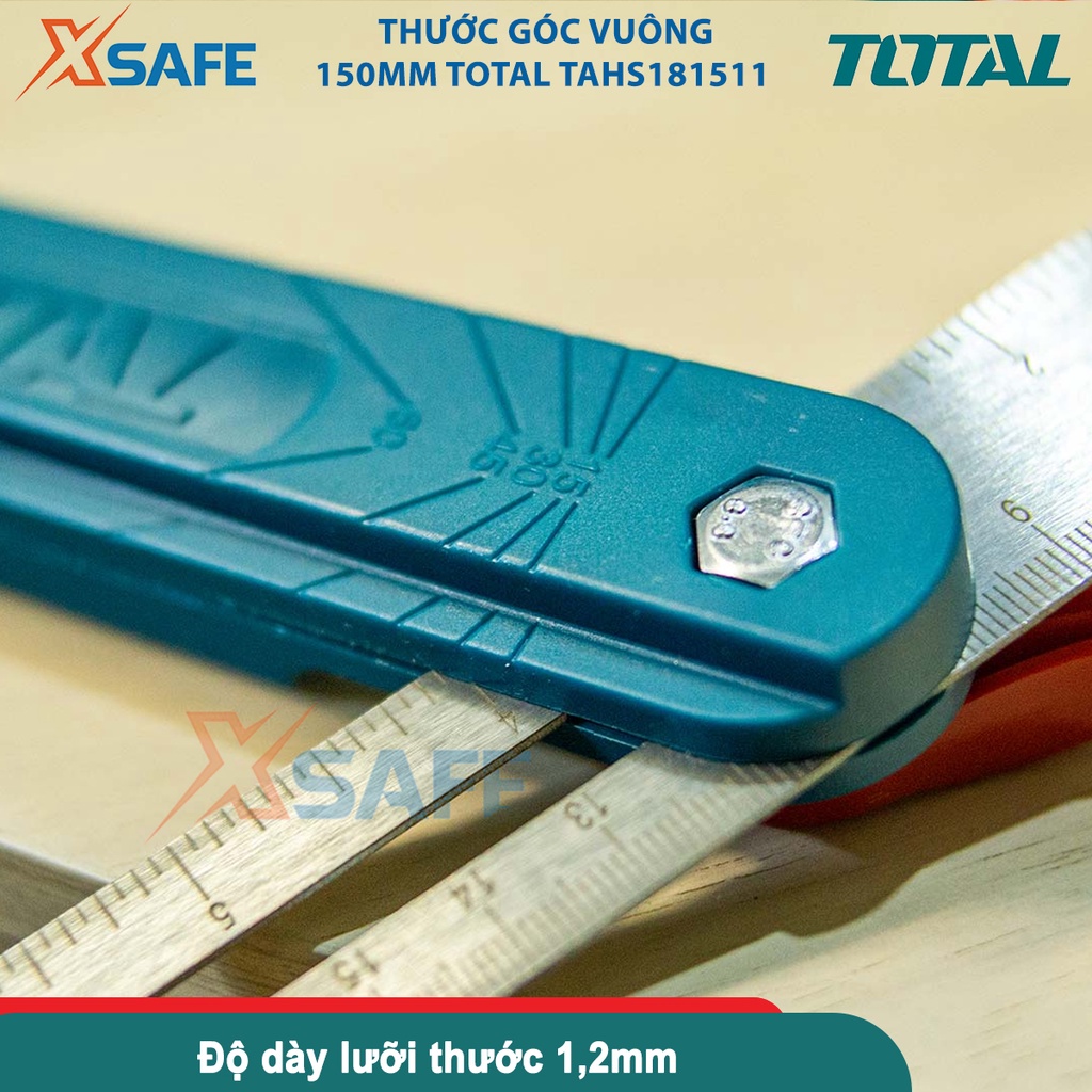 Thước góc vuông 150mm TOTAL TAHS181511, có mực nước thủy, chiều rộng lưỡi thước 28mm, đánh dấu góc chính xác