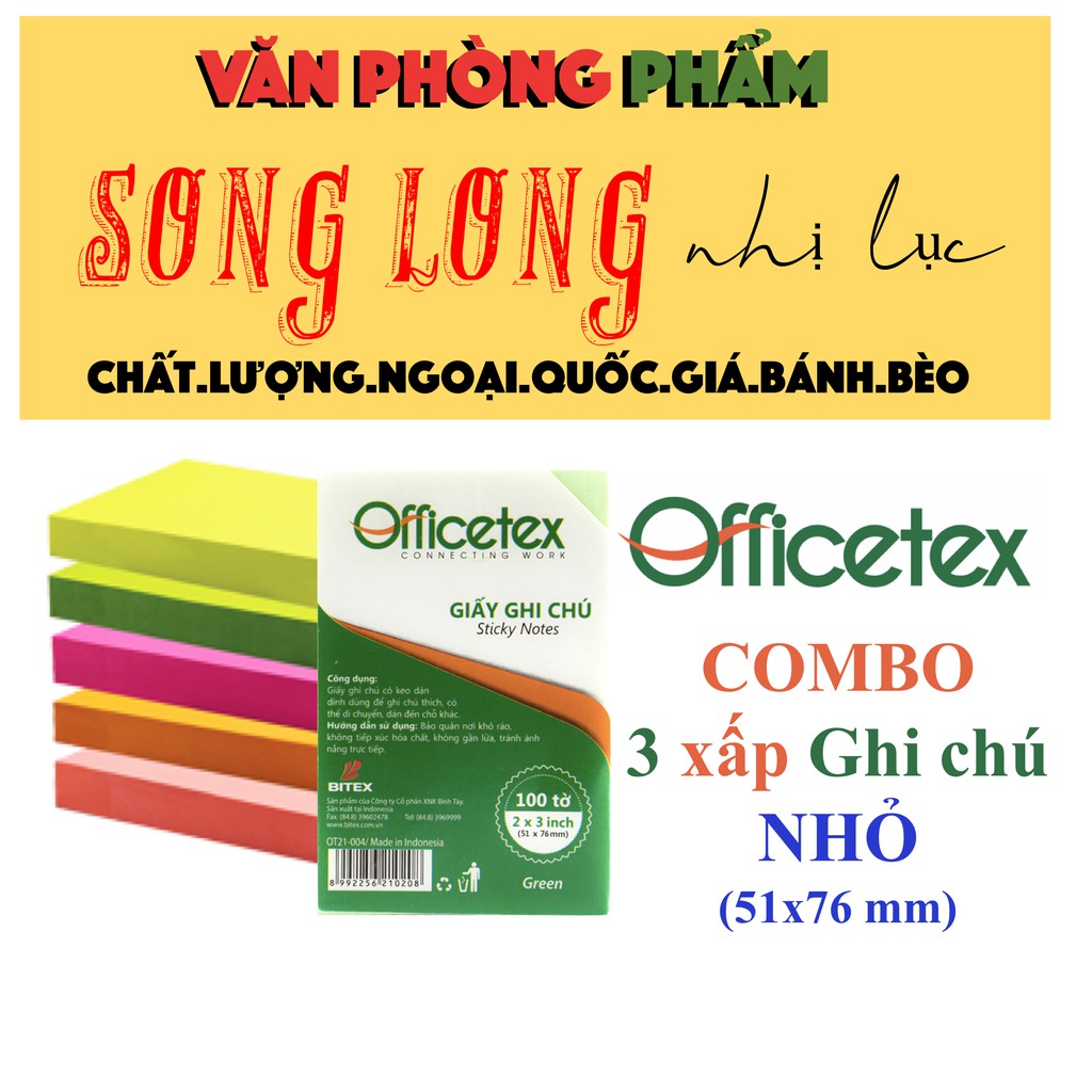 COMBO 3 xấp Giấy Ghi Chú size nhỏ gọn 2x3 inch (51x76 mm), nhiều màu sắc nổi bật - 100 tờ/xấp - Giấy Note VPP Officetex