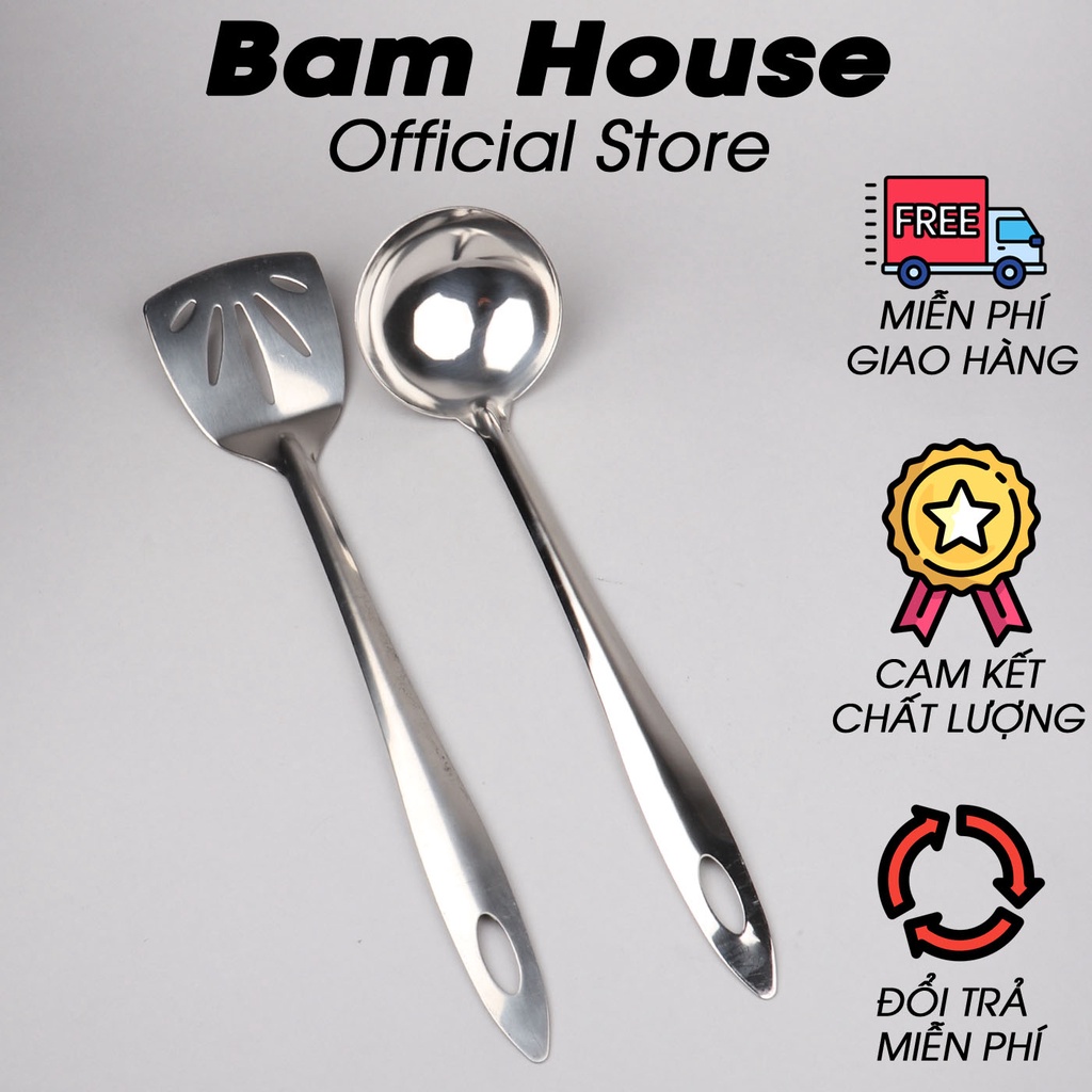 Set Vá đặc, Xẻng lỗ inox Bam House cán trơn cao cấp siêu bền SCT24 - Gia dụng bếp