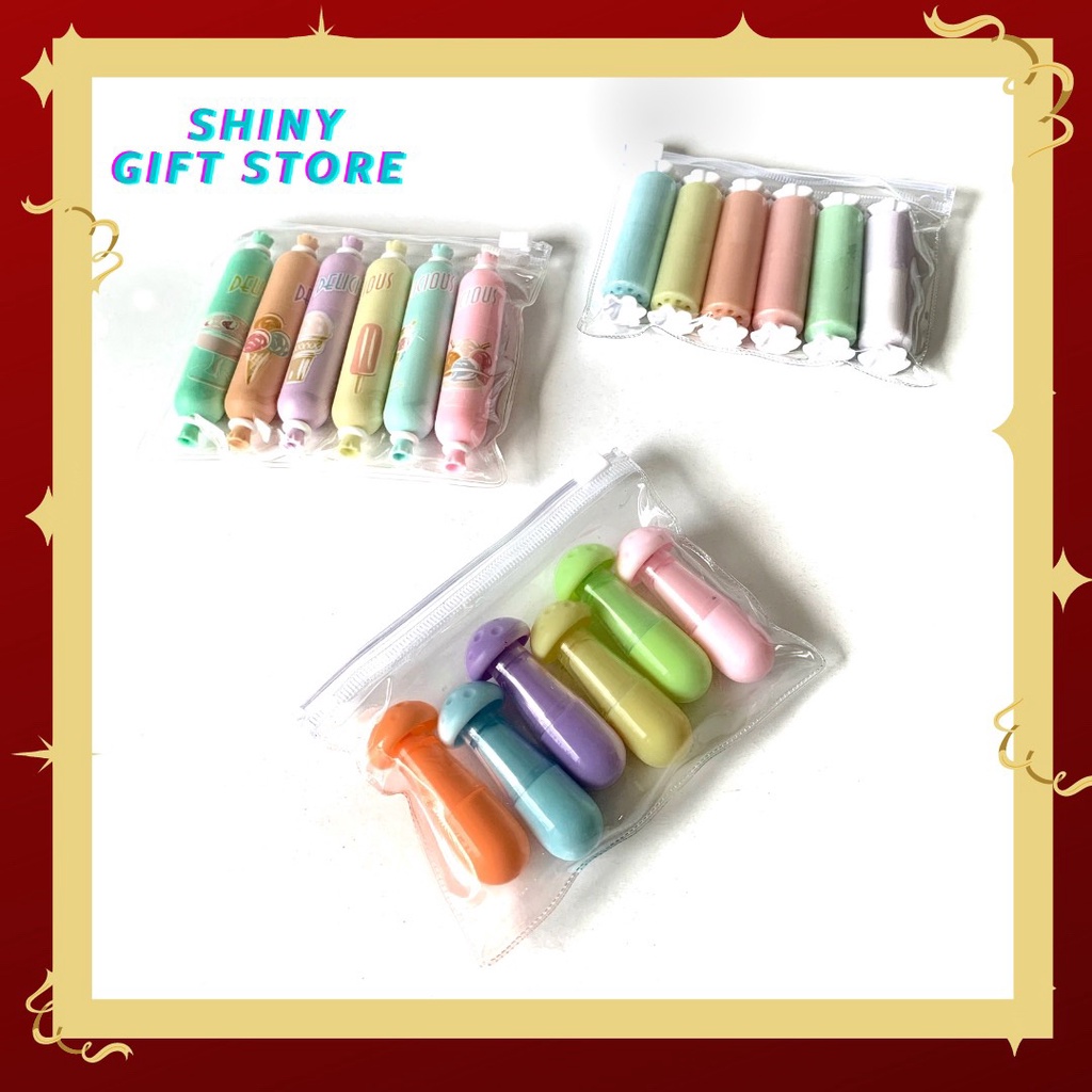 Bút dạ quang 6 màu highlight pastel, bút đánh dấu nhớ dòng cute nhiều màu marker dễ thương