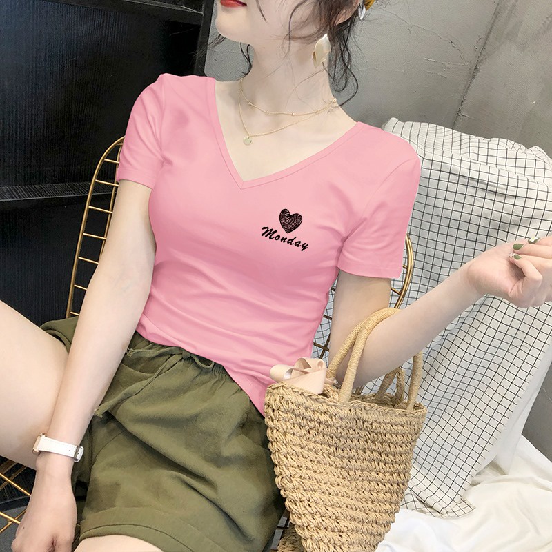 Áo thun cổ tim phong cách Hàn Quốc, áo thun ngắn tay dáng trẻ trung năng động | BigBuy360 - bigbuy360.vn