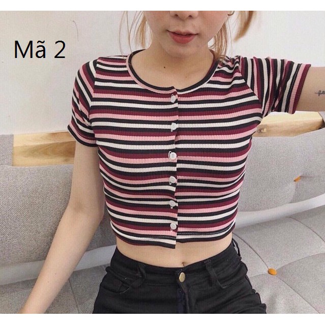 [HÌNH THẬT] ÁO THUN CROPTOP ÔM BODY SỌC NGANG GÀI NÚT 52