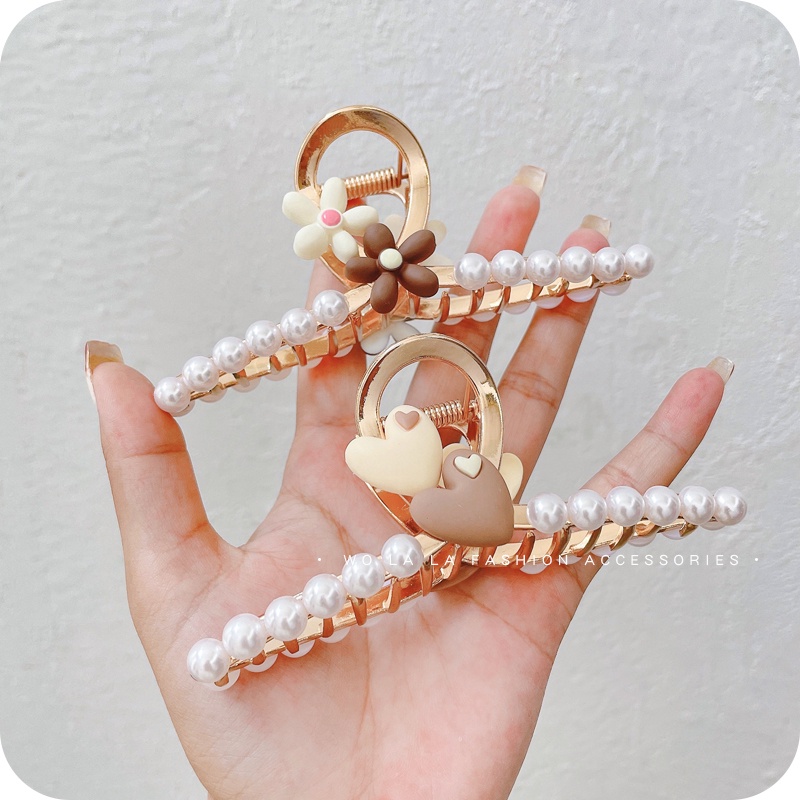 Kẹp tóc kim loại hình hoa đính ngọc trai giả thời trang cho nữ
