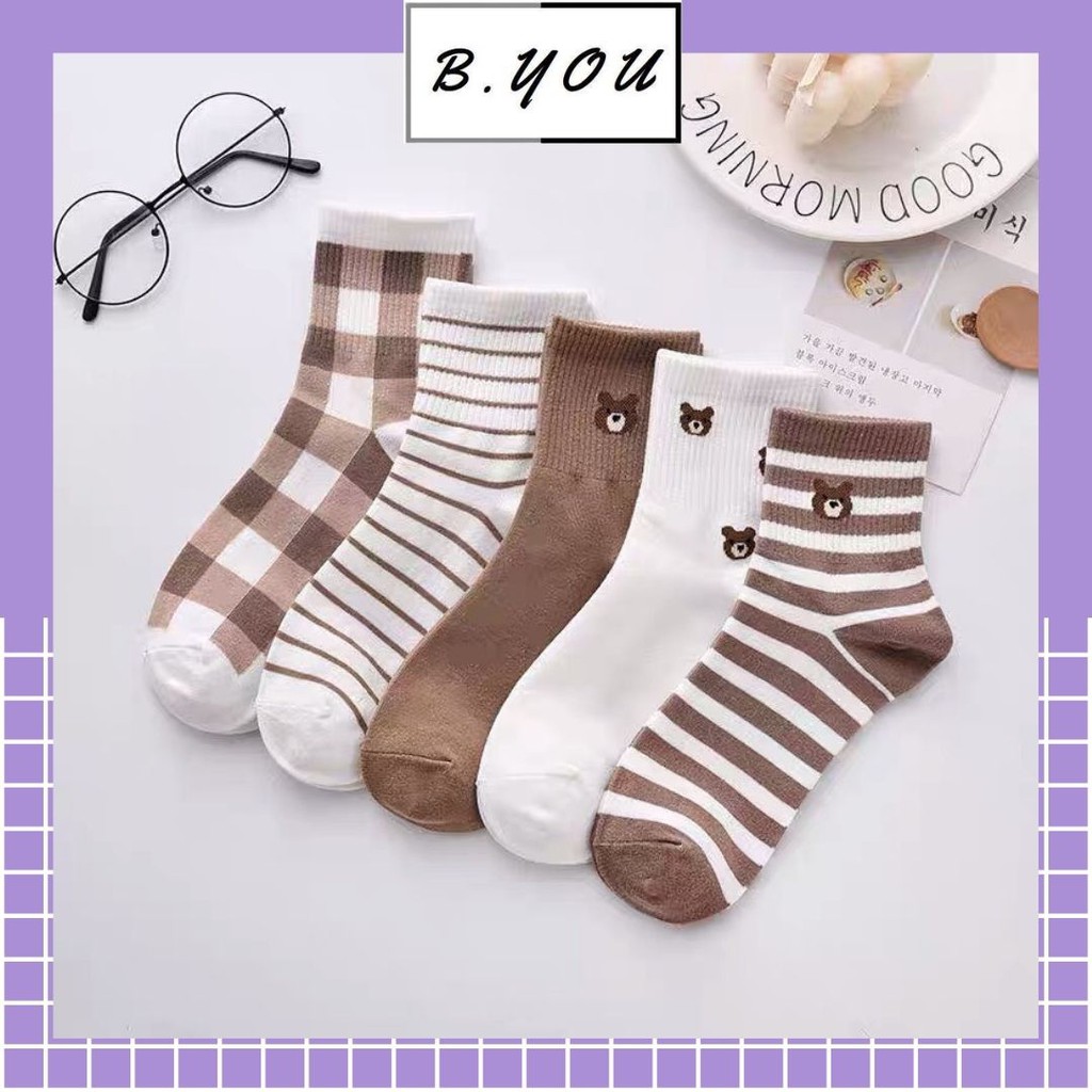 tất vớ cổ cao hình gấu nâu vintage chất liệu thoáng mát thấm hút mồ hôi
