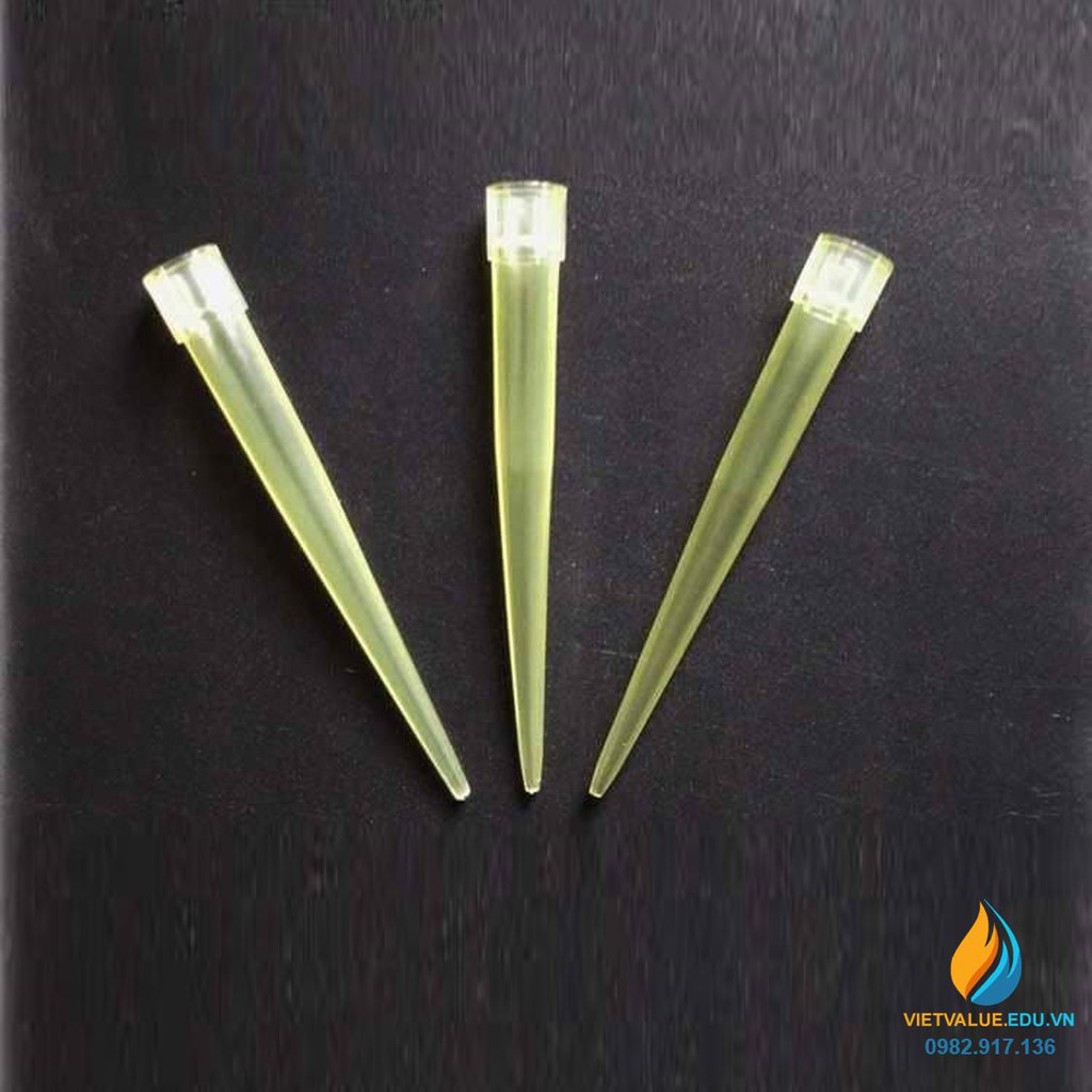 Túi 1000 cái đầu côn pipet hút, loại 0.1ml, nhựa PP màu vàng sọc tiệt trùng