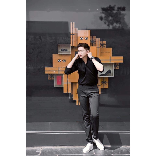 Áo sơ mi nam trơn, dài tay, màu Đen Cao cấp gấp hộp ASM01