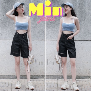 Quần ngố jean nữ lưng cao rách có đai lưng minjean m3007 cá tính, quần lửng nữ lai cuốn jean không co giãn tôn dáng