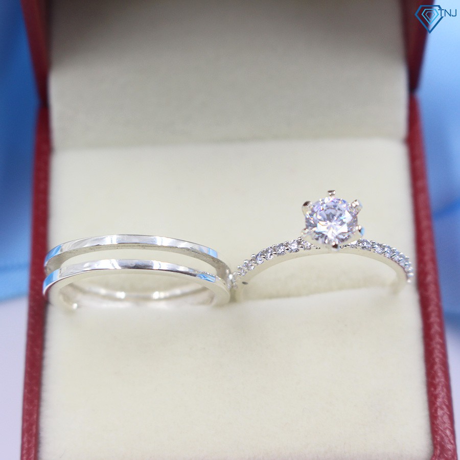 Nhẫn đôi bạc, nhẫn cặp bạc, nhẫn đôi bạc thiết kế 2 trong 1 đính đá độc đáo ND0254 - Trang Sức TNJ