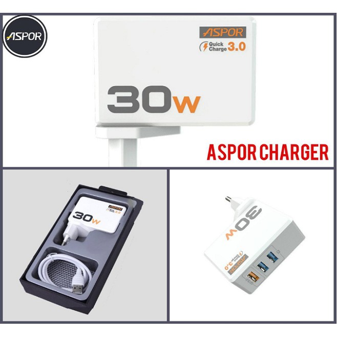 Củ Sạc Nhanh, Phích Cắm Sạc 3 Cổng A858Q ASPOR 30W (sạc siêu nhanh với 3 cổng USB)