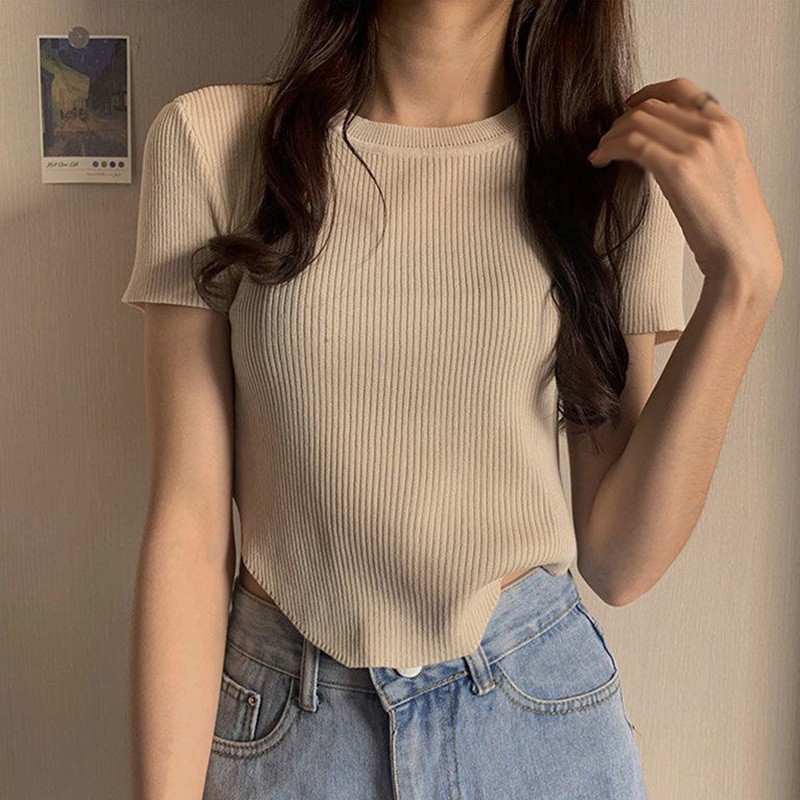 Áo thun ngắn tay cổ tròn hở rốn dáng ôm thời trang cho nữ