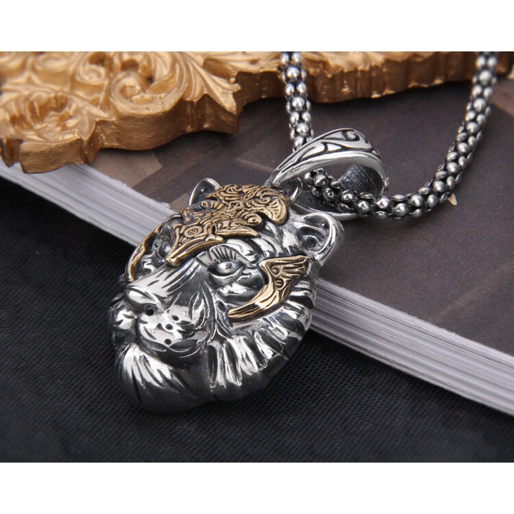 Dây Chuyền Mặt Hình Đầu Hổ Mạ Vàng Bạc Cá Tính Phong Cách Punk Mới Cho Nam