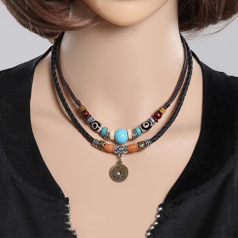 (Hot Sale) Vòng cổ Da Hai SợI ĐíNh ĐồNg Xu Cổ ĐiểN Cho Nam Và Nữ