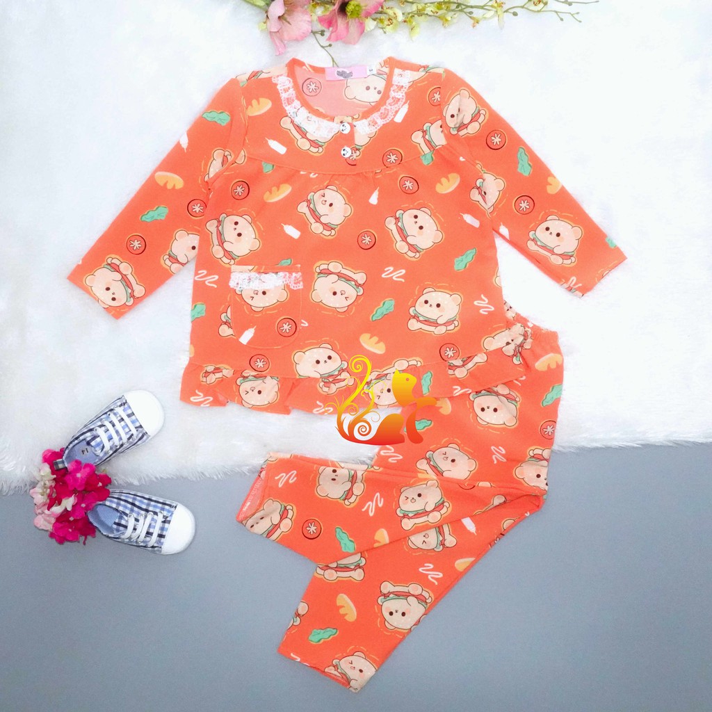 Đồ Pijama Satin Lụa Hàn &quot;Gấu Ham Bơ Gơ&quot; Cổ Ren Quần Dài Cho Bé - Từ 12kg - 42kg.