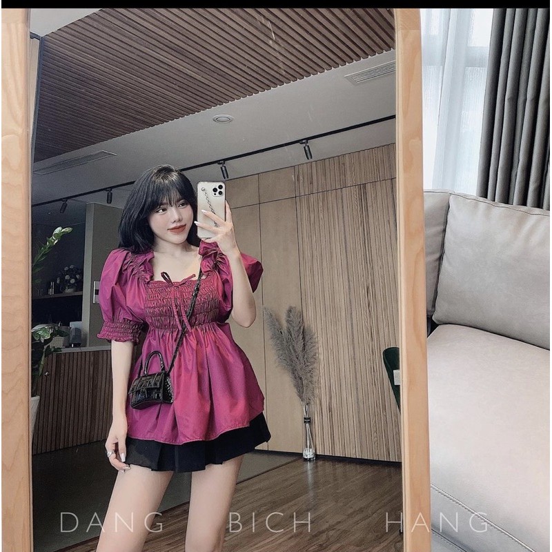 Set peplum hồng trễ vai nhún ngực kèm chân váy đen