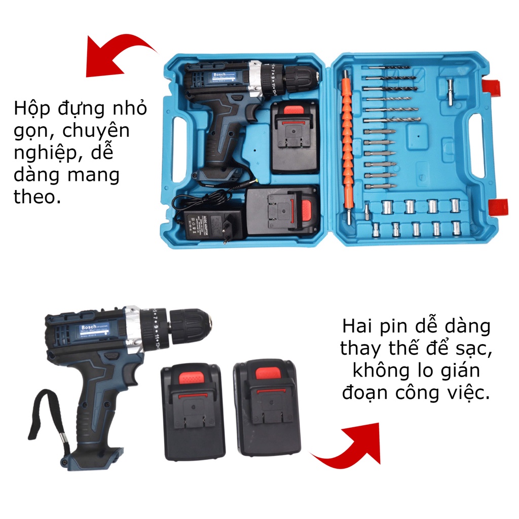 Khoan pin Bosch 36v 3 chức năng có búa nhiều phụ kiện