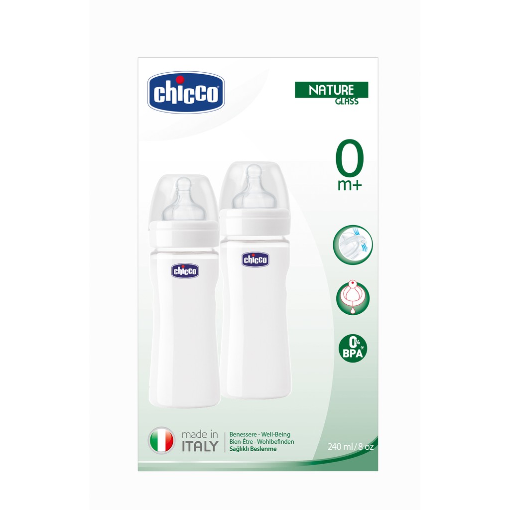 Bộ 2 bình sữa thủy tinh tự nhiên núm cao su / núm silicon Chicco