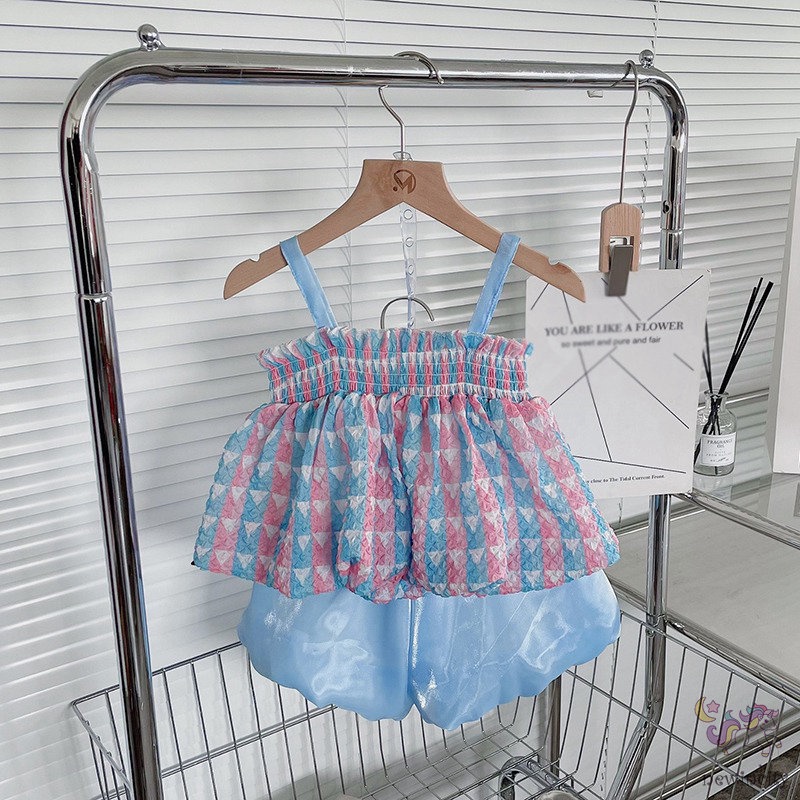 Set Đồ Mùa Hè 2 Món Gồm Áo Hai Dây Thắt Nơ Và Quần Ngắn Hàn Quốc Cho Bé Gái