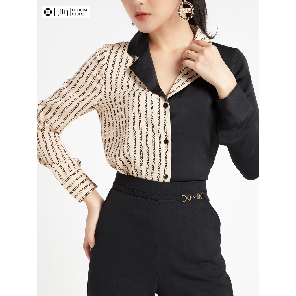Áo sơ mi nữ Linbi cách điệu phối màu trắng Đen họa tiết Chữ Cổ Vest sang chảnh liin clothing SM3060