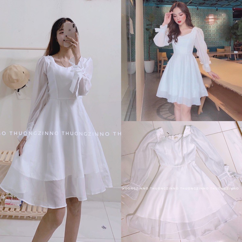 Váy trắng tay voan thiết kế đính hạt ngọc Đầm nữ tiểu thư thắt nơ tay