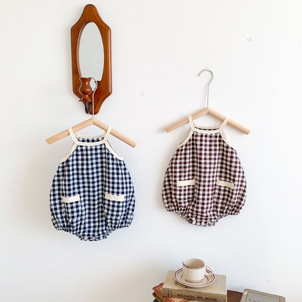 Bộ Áo Liền Quần Hai Dây Họa Tiết Sọc Caro Thời Trang Mùa Hè Cho Bé Sơ