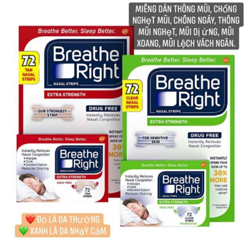 Miếng dán giảm nghẹt mũi, giảm ngủ ngáy(gáy)khi ngủ Breathe Right 72 miếng