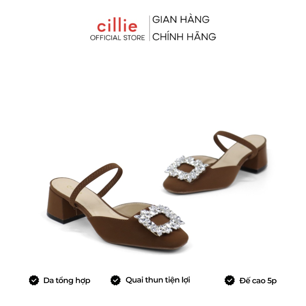 Giày sục nữ mũi vuông đính đá thời trang da nhung lộn trang trọng đế vuông cao 3cm đi làm đi chơi Cillie 1088