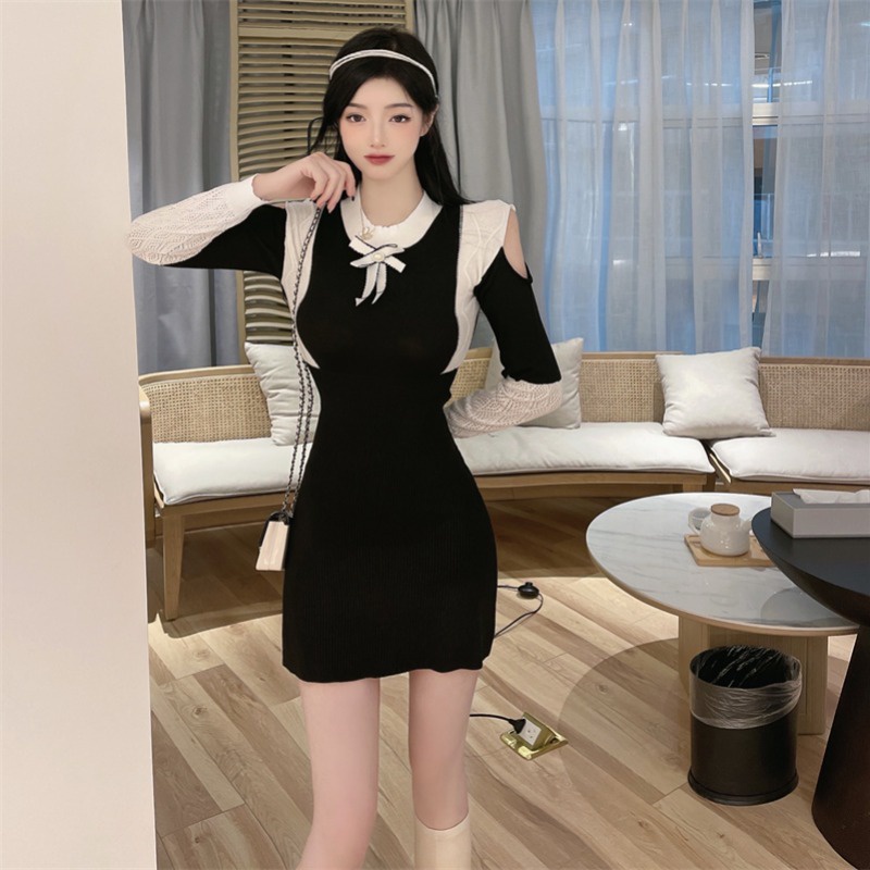 Áo Len Tay Dài Cổ Tròn Thắt Nơ Phối Màu Trắng Đen Phong Cách Hàn Quốc Cổ Điển Thời Trang Cho Nữ