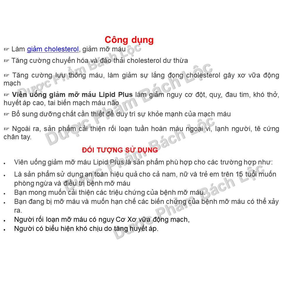 Viên Uống Giảm Mỡ Máu Lipid Plus Hỗ trợ giảm cholesterol máu, giúp giảm nguy cơ xơ vữa động mạch,