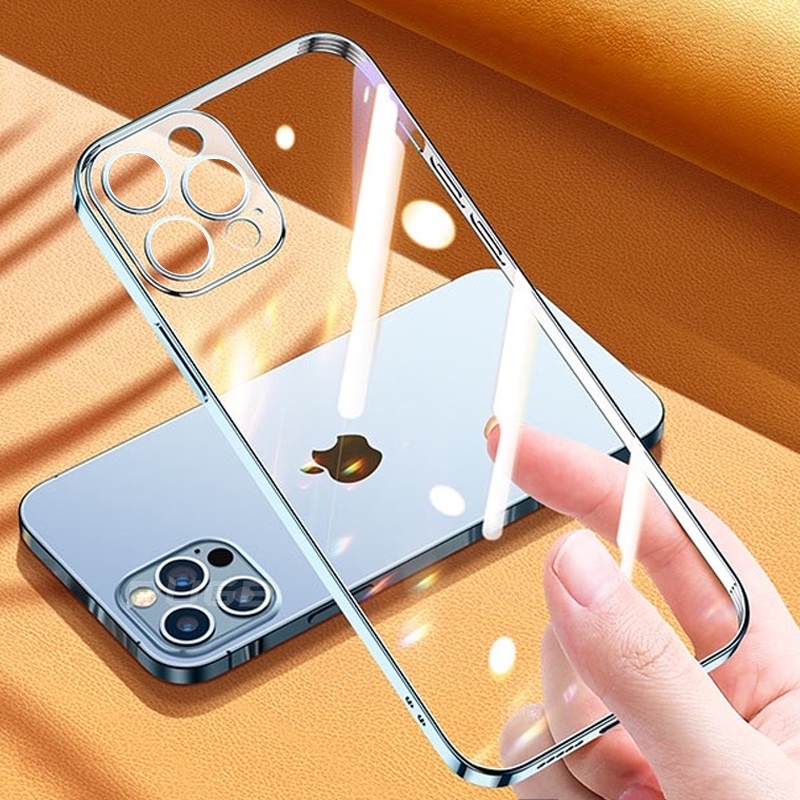 Ốp Điện Thoại Silicon Trong Suốt Viền Kim Loại Vuông Bảo Vệ Camera Chống Sốc Cho Iphone 13 11 12 Pro Max XR X XS