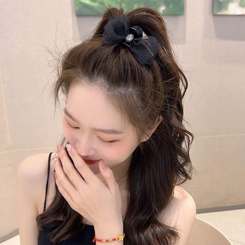 Kẹp Tóc Nơ Kim Loại Hai Mặt Đính Đá Lấp Lánh Màu Đen Phong Cách vintage Hàn Quốc Cho Nữ