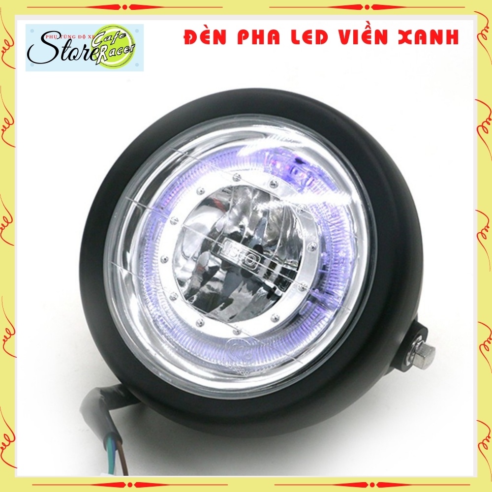 Đèn pha led viền xanh và bộ pat lắp đèn pha vào phuộc, gáo sắt sơn tĩnh điện, mặt kính ,bóng led siêu sáng