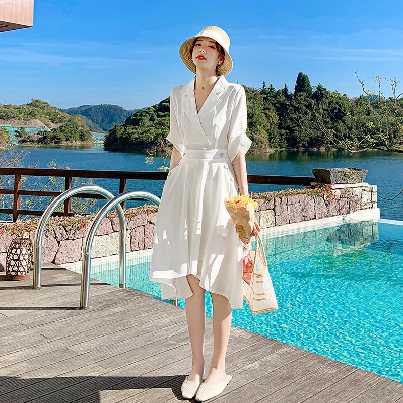 IELGY Đầm Dáng Chữ A Tay Ngắn Cổ Chữ V Màu Trơn Eo Cao Phong Cách Phương Tây Thời Trang Cho Nữ