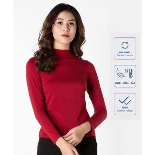 Áo thun giữ nhiệt nữ dài tay cổ cao Vicci chất liệu Premium Cotton mềm mịn, ôm dáng màu Đỏ đô