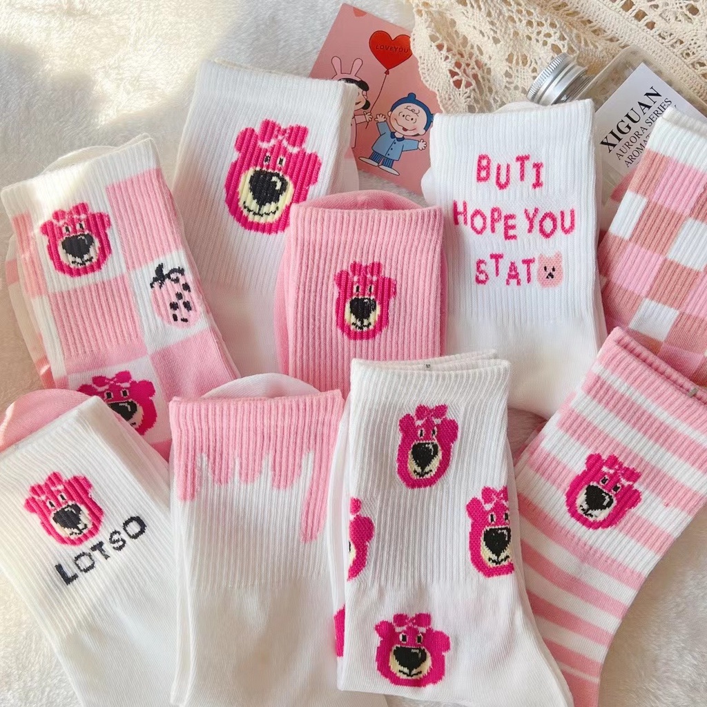 Set 5 Đôi Tất Vớ Nữ Cao Cổ Họa Tiết Gấu Dâu Tây Màu Hồng Dễ Thương Phong Cách Hàn