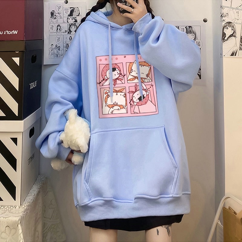 Áo Hoodie Nỉ Bông Tay Dài Suông Unisex Hoạ Tiết Chú Mèo&amp; Em Bé