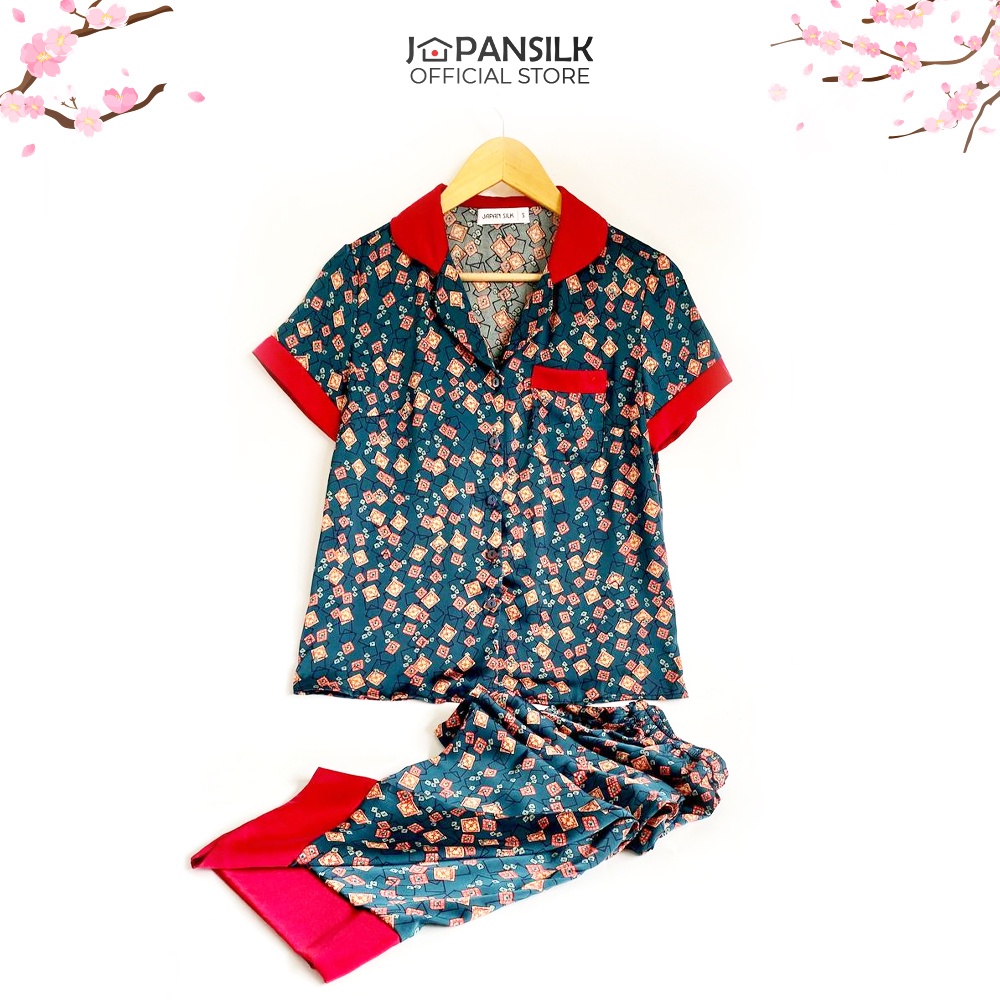 Bộ Đồ Ngủ Pijama Lụa Nhật Cao Cấp JAPAN SILK ngắn tay quần dài họa tiết hình vuông viền đỏ nổi bật CD089