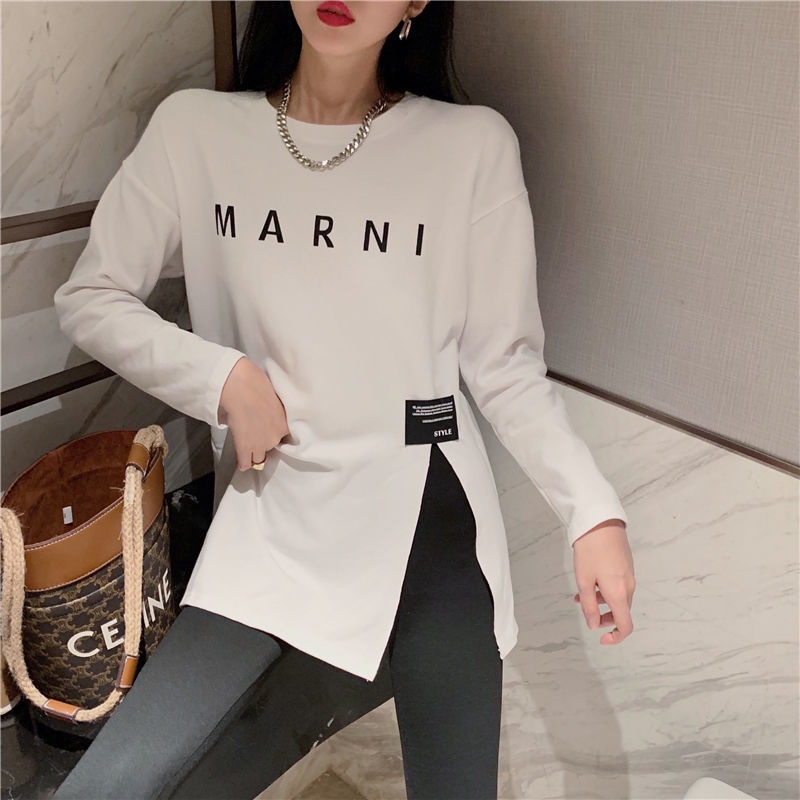 Jiashucheng Hàng Có Sẵn Áo Thun Sweatshirt Dáng Rộng Xẻ Tà Cỡ Lớn Thời Trang Xuân Thu Cho Nữ