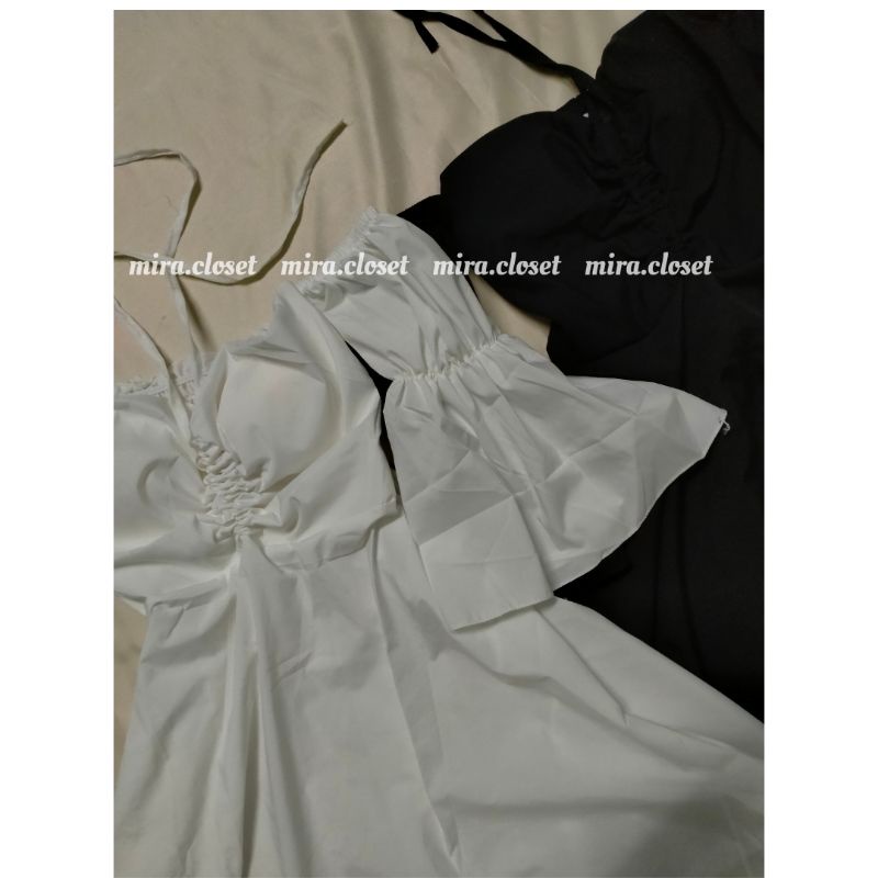 Đầm Trễ Vai Tay Bồng MIRA.CLOSET Dáng Xoè Chữ A Rút Dây Giữa Ngực Tiểu Thư So Cute D039