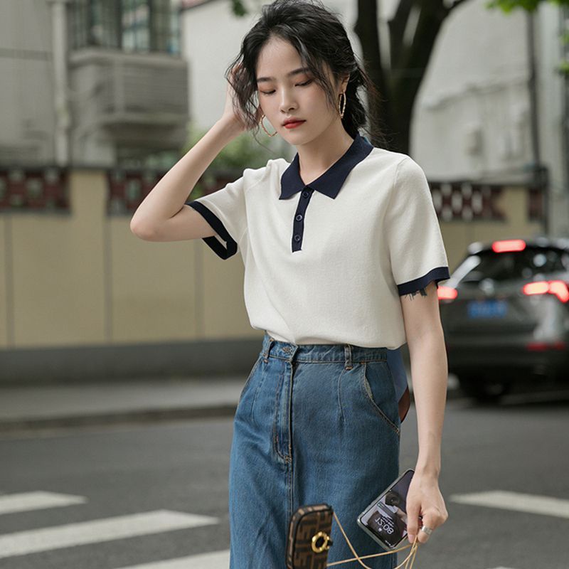 Áo dệt len Xia Bingsi cổ polo dáng ngắn viền đen | BigBuy360 - bigbuy360.vn