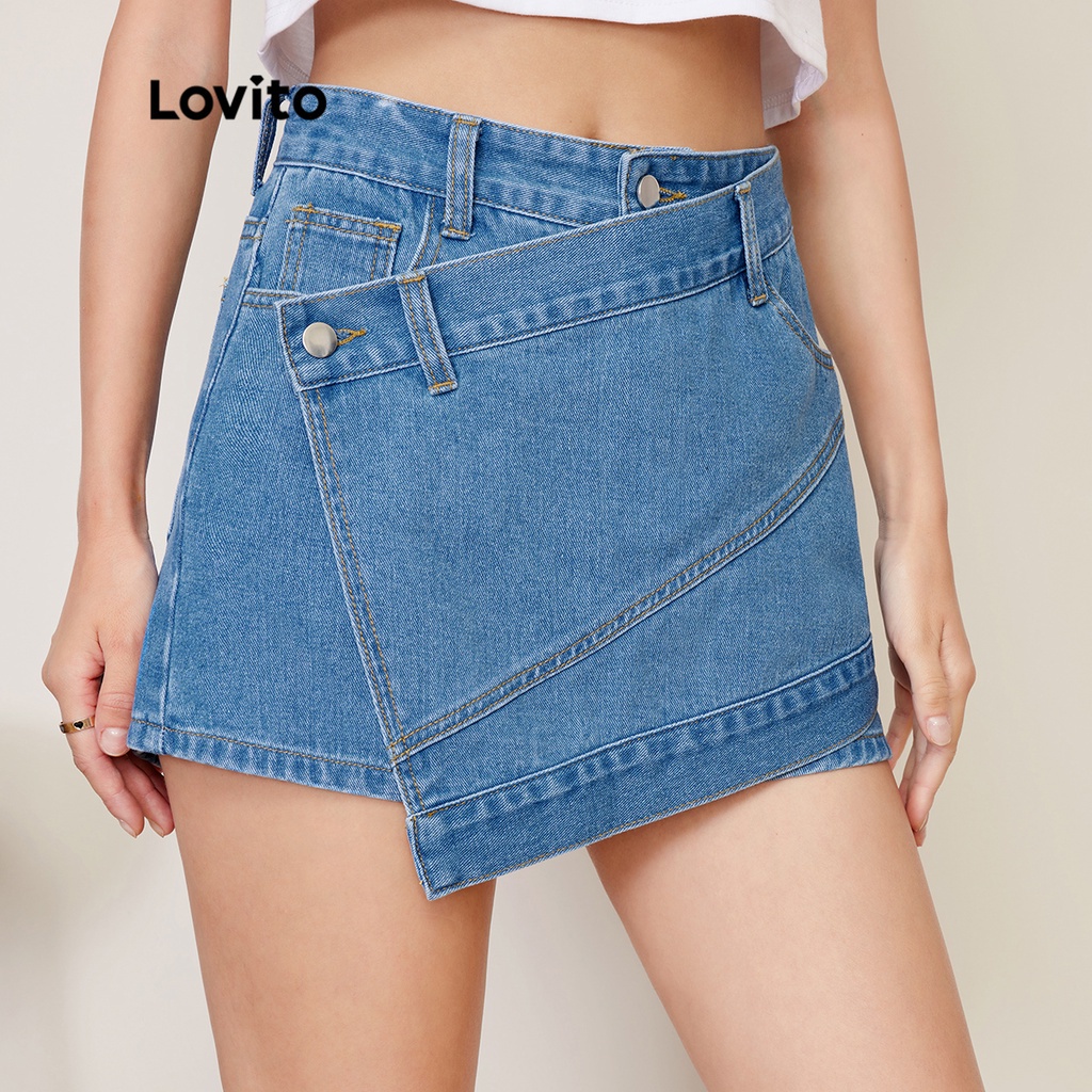 Quần denim Lovito đa năng thiết kế chồng chéo màu trơn phong cách thường ngày L27AD075 (màu xanh dương)