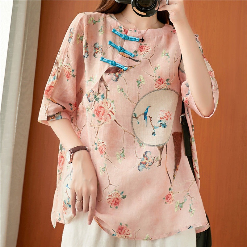 Áo kiểu cotton lanh ngắn tay dáng rộng in họa tiết hoa phong cách Trung Hoa cổ điển thời trang mùa hè cho nữ