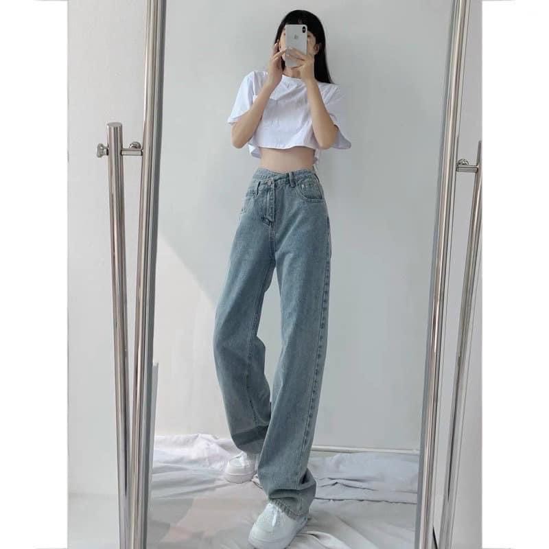 quần jean nữ ống rộng cạp cao dáng suông 1 cúc cạp lệch cá tính , quần bò cullotes unlazang hách dáng Hàn Quốc