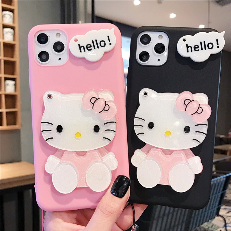 Ốp Mềm Hình Hello Kitty Có Gương Và Dây Đeo Cho Oppo A92 A12 A7 Reno 3 5 Pro F1S F5 F7 Realme 5 I C2 A1K A5 A15 S