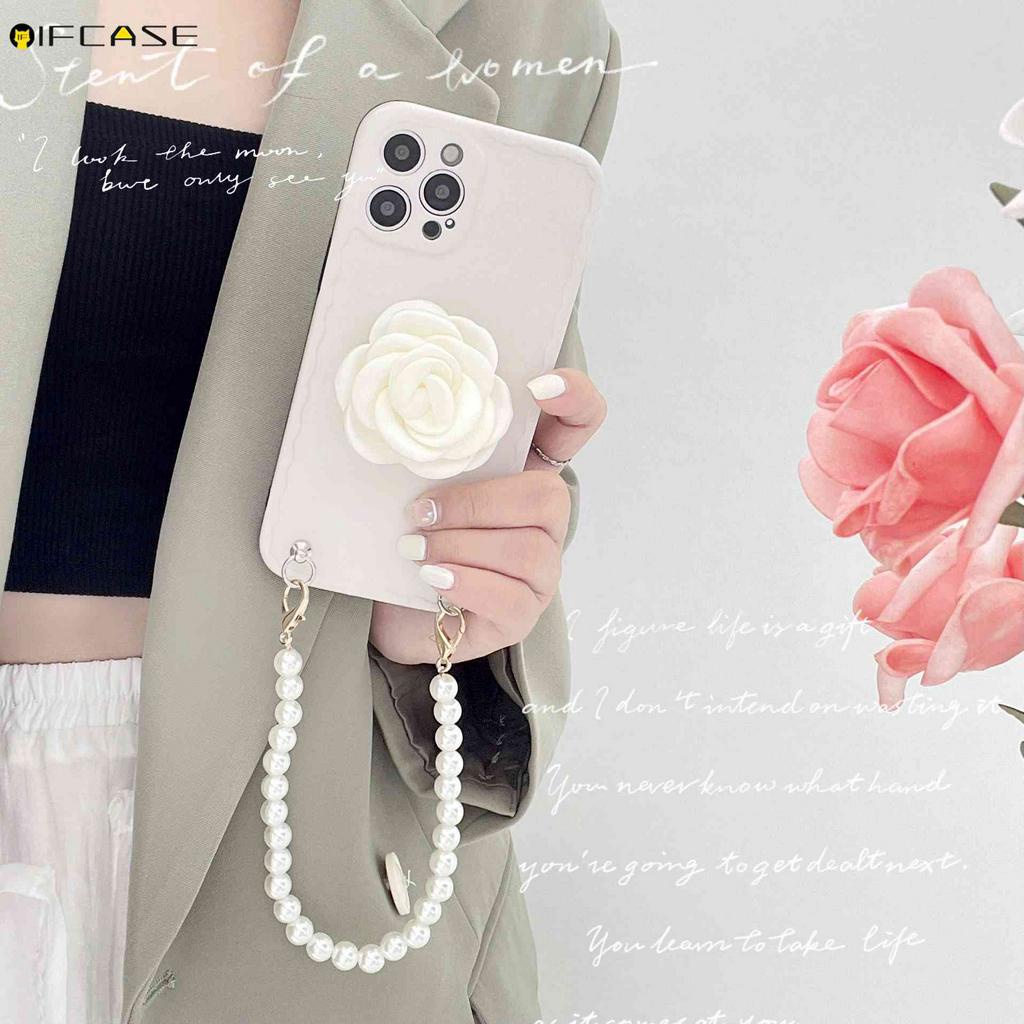 Ốp Điện Thoại Họa Tiết Hoa Trà Gắn Dây Đeo Ngọc Trai / Hồng / Trắng Cho iPhone 12 11 Pro Max XS Max XR X 7 8 Plus