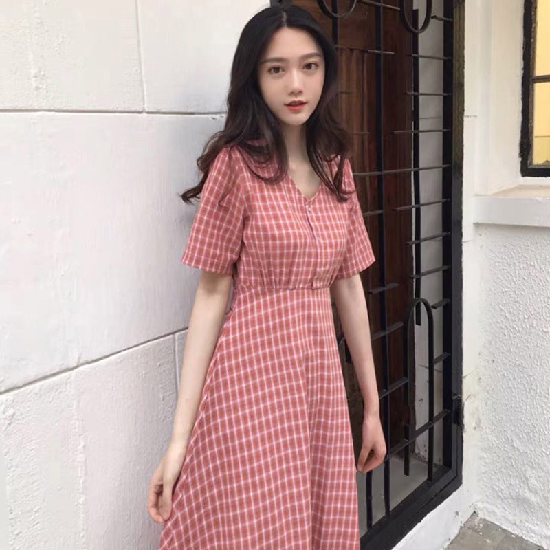 Đầm cổ tròn hoạ tiết sọc ca-rô nữ tính