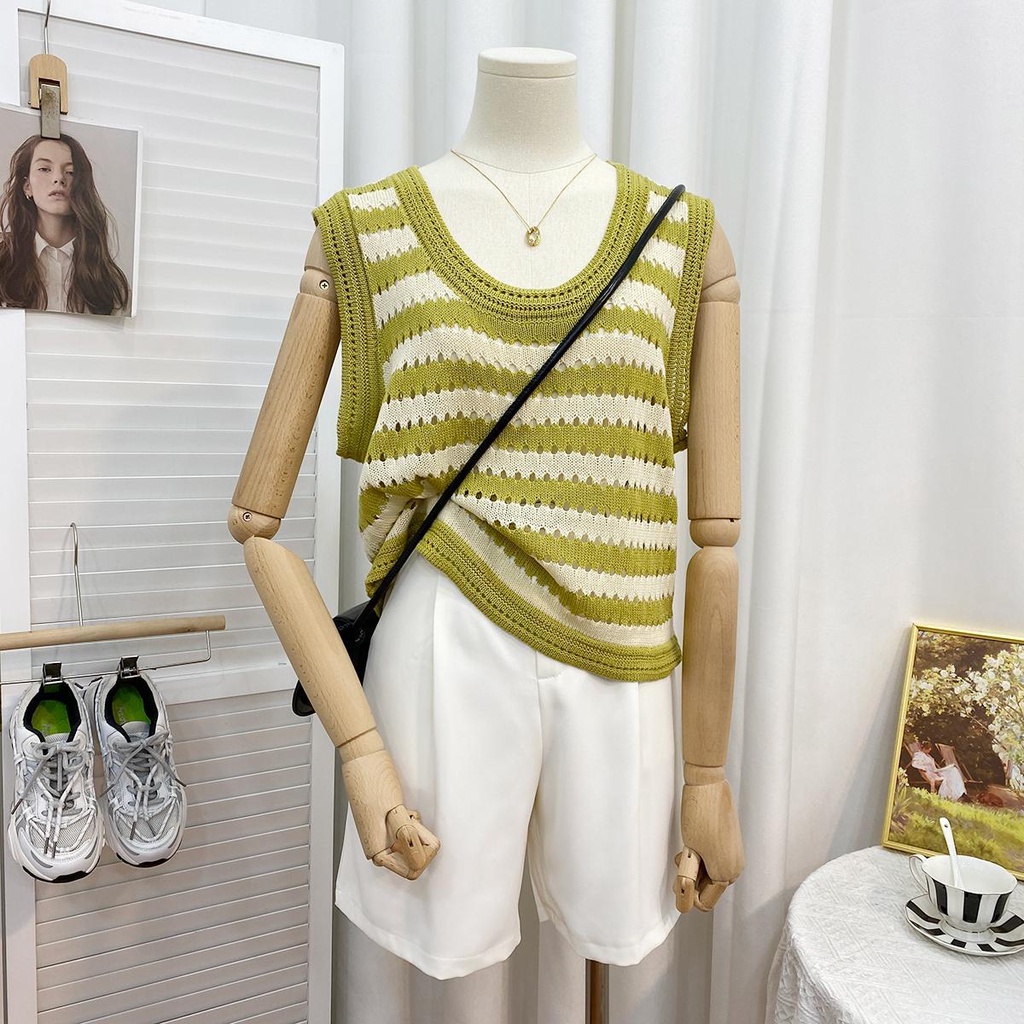 Áo Dệt Kim Không Tay Dáng Rộng Họa Tiết Kẻ Sọc Màu Đen Thời Trang Mùa Hè Dành Cho Nữ