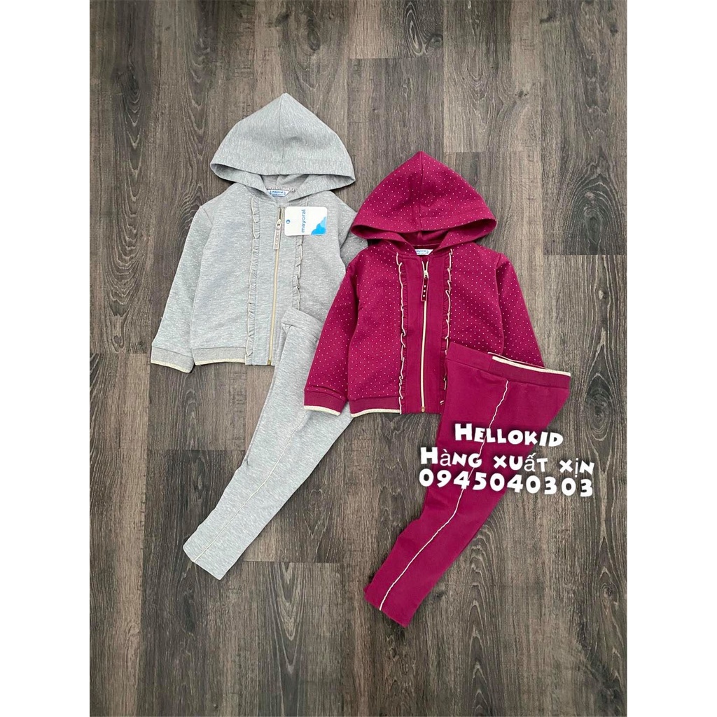 Bộ nỉ dáng hoodie kéo khoá chấm bi bé gái