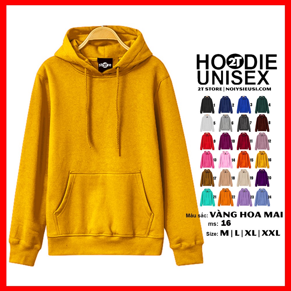 Áo hoodie unisex 2T Store H16 màu vàng hoa Mai - Áo khoác nỉ chui đầu nón 2 lớp dày dặn chất lượng đẹp | BigBuy360 - bigbuy360.vn