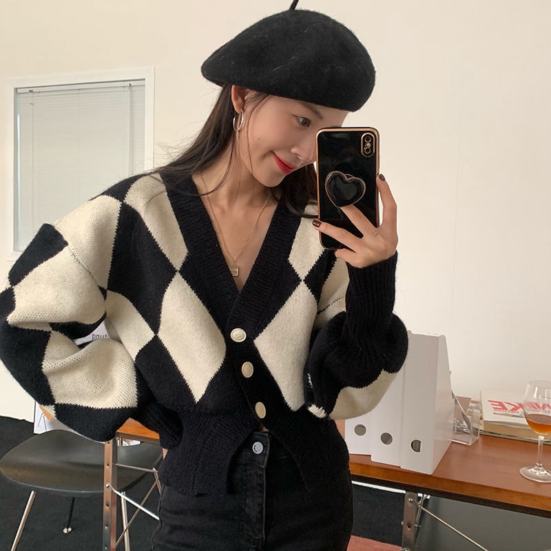 Áokhoác cardigan dệt kim cổ chữ V màu sắc tương phản phong cách Hàn Quốc cho nữ